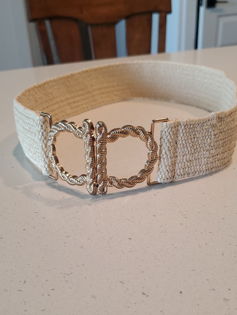 Cream Woven Elastic Belt with Metal Buckle